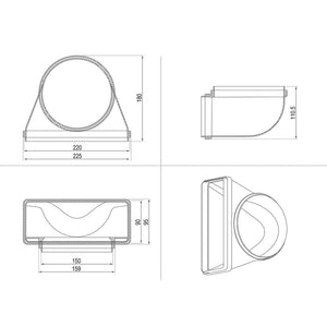 Kaitlentės priedas  Vertical connection from round (D150) to rectangular shape (220x90)