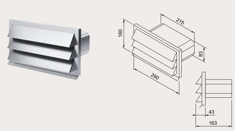 Gartraukio priedas  External outlet for rectangular pipe with grid (AIR-DUCT SYSTEM) for 340.0708.968, 340.0708.975